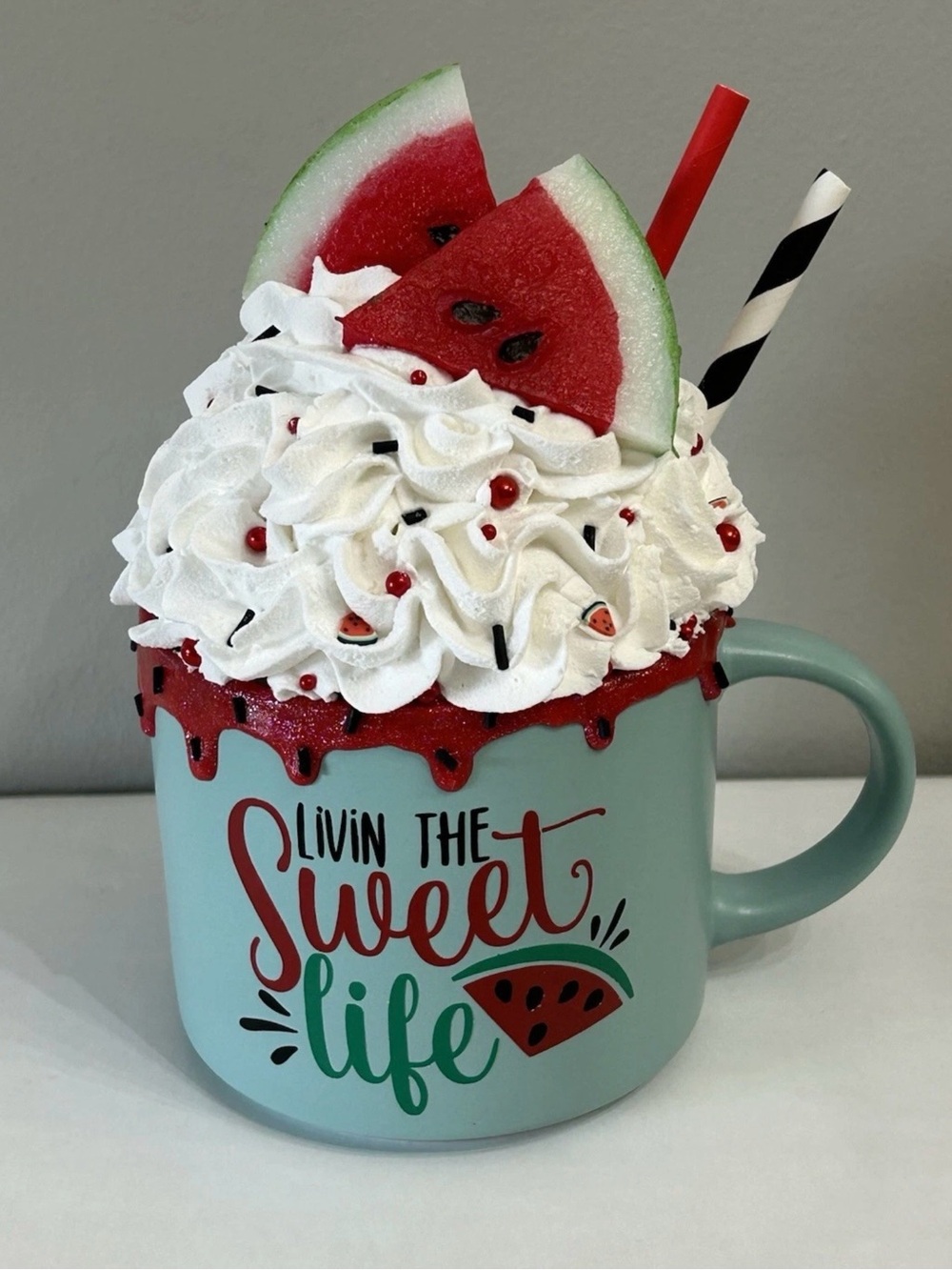 Mint Green 'Livin the Sweet Life' Watermelon Fake Dessert Mug Accent Handmade